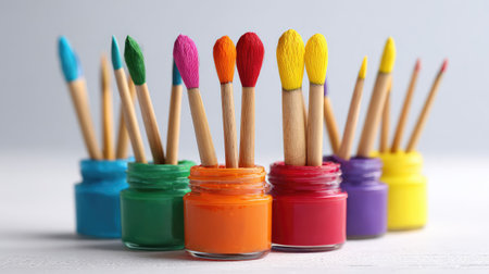A collection of colorful paint jars filled with vibrant hues and topped with different brush tips, ideal for inspiring creativity and artistic projects in various settings.の素材