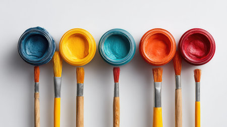 A vibrant arrangement of paint jars and brushes against a clean white background, showcasing tools for creativity and artistic expression in arts and crafts projects.の素材