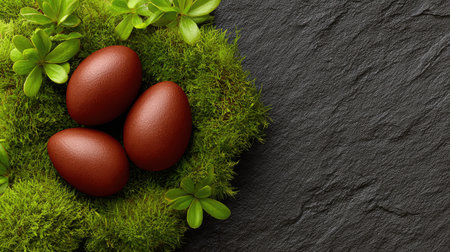 A serene arrangement featuring three brown eggs set on lush green moss against a dark stone background, perfect for celebrating nature-inspired themes and holiday decorations.の素材