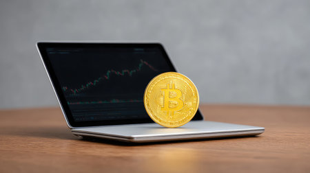 A golden Bitcoin coin rests in front of a sleek laptop, showcasing cryptocurrency market graphs, symbolizing the intersection of technology and finance for investors.の素材