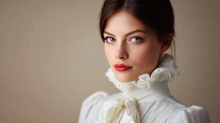 This stunning portrait showcases a young woman's elegance with soft makeup and a classic white blouse. The warm background enhances her charm, creating an alluring visual experience.の素材