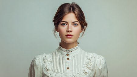 This stunning portrait captures the essence of a young woman in vintage attire, radiating elegance and charm against a soft neutral backdrop, highlighting her natural beauty.の素材