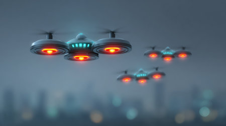 Explore the intriguing scene of futuristic drones gracefully flying over a misty urban landscape, showcasing advanced technology and modern transportation dynamics.の素材
