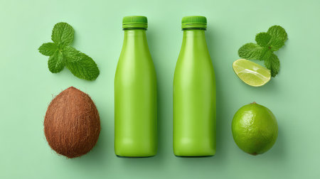 An eye-catching arrangement featuring green bottles, coconut, lime, and mint leaves against a bright green backdrop, promoting fresh and healthy lifestyle choices.の素材