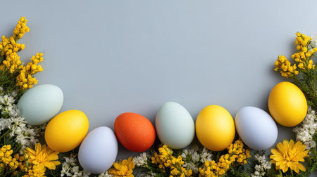 Celebrate Easter with this vibrant arrangement of eggs and fresh flowers, perfect for spring decor, holiday gatherings, and joyful celebrations with family and friends.の素材