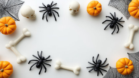 A creative arrangement of Halloween-themed decorations showcasing pumpkins, spiders, skulls, and bones, perfect for adding a spooky touch to your festive projects and celebrations.の素材