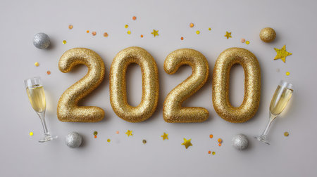 Bright and festive decoration featuring golden glitter numbers for 2020, accompanied by champagne glasses and colorful confetti, perfect for celebrations and special occasions.の素材