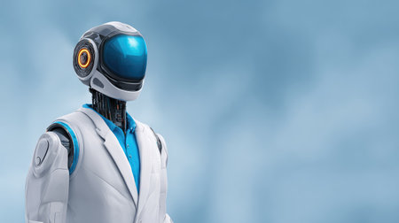 This image showcases a modern humanoid robot in a stylish outfit, set against a soft blue background, symbolizing the future of technology and innovation in artificial intelligence.の素材