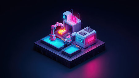 A vibrant and futuristic factory scene featuring a robotic arm, glowing machinery, and neon lighting. This imaginative setup embodies innovation and advanced technology in industrial design.の素材