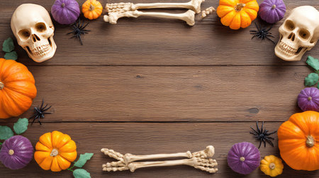 Captivating Halloween flat lay featuring skeletons, colorful pumpkins, and spiders arranged on a rustic wooden background, perfect for seasonal celebrations and decorations.の素材