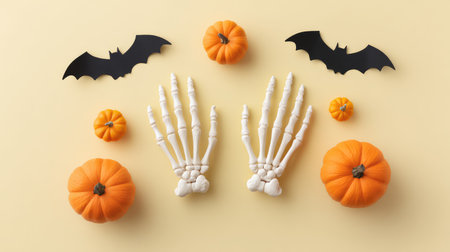 A playful Halloween arrangement featuring skeleton hands, vibrant pumpkins, and bat decorations against a cheerful yellow backdrop, perfect for seasonal celebrations and festive moods.の素材