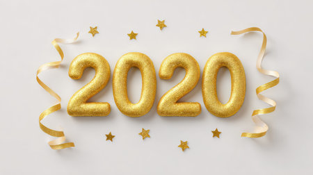 Bright and cheerful golden numbers representing the year 2020 with sparkling stars and elegant ribbons, perfect for celebrating New Year and joyful festive occasions.の素材