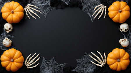 Capture the spirit of Halloween with this vibrant background featuring orange pumpkins, skeleton motifs, white skulls, and intricate cobwebs, perfect for festive decor.の素材