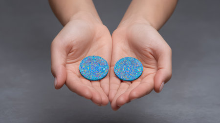 Two hands elegantly present vibrant round coins with intricate patterns against a smooth gray background, highlighting themes of value, currency, and artistic expression.の素材
