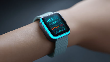 A modern smartwatch showcases health metrics and time on a wrist, blending style and functionality for technology lovers and fitness enthusiasts alike.の素材