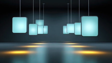 A captivating modern light display featuring geometric shapes that illuminate a dark room, creating a stylish contemporary atmosphere with soft glowing reflections on the floor.の素材