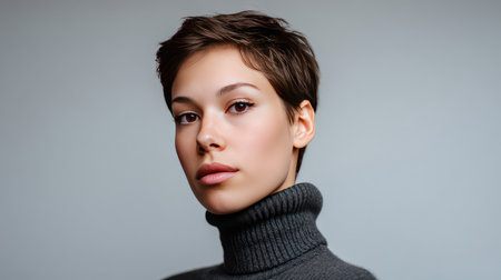 A beautifully styled portrait of a young woman with short hair, wearing a turtleneck sweater, showcasing her confidence and poise against a soft, neutral background.の素材