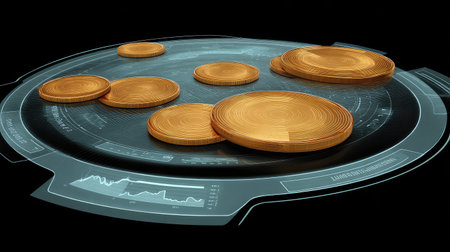 Stunning 3D visual of circular elements on a digital screen, showcasing advanced data analysis and modern technology concepts in an abstract design ideal for various creative projects.の素材