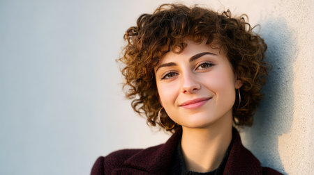 A charming young woman with curly hair smiles warmly, embodying confidence and style in an urban setting against a neutral backdrop, perfect for lifestyle imagery.の素材