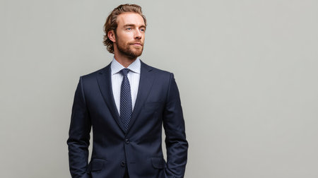 A stylish young businessman in a tailored suit poses confidently against a neutral backdrop, perfect for showcasing modern fashion and professional themes in corporate settings.の素材