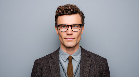 A stylish man with beautifully groomed hair and glasses, dressed in a suit, exudes confidence and charm against a solid gray background, perfect for fashion or professional themes.の素材