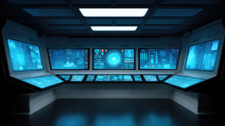 This futuristic control room features advanced technology screens and monitors, perfect for themes in science fiction, technology, and innovative environments.の素材