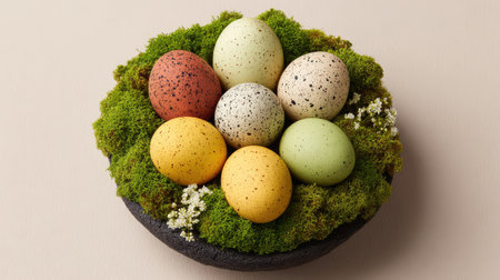 A charming arrangement of decorative Easter eggs resting on lush green moss, creating a vibrant and joyful atmosphere perfect for spring celebrations and holiday decor.の素材