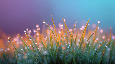 A serene close-up of dew-laden grass blades set against a vibrant bokeh background, showcasing the delicate beauty and freshness of nature in the early morning light.の素材