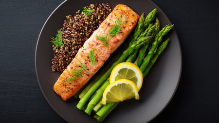 Enjoy a vibrant plate showcasing grilled salmon, accompanied by quinoa and fresh asparagus, ideal for a nutritious lunch or dinner option, bursting with flavor and health benefits.の素材