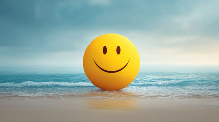 A cheerful yellow smiley face ball stands on a serene beach, capturing the essence of joy and relaxation as ocean waves gently lap at the shore under a dreamy sky.の素材