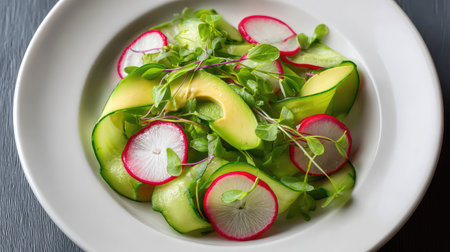 A visually appealing salad showcasing avocado, cucumber, radish, and microgreens, ideal for health-conscious meals and vibrant culinary presentations. Perfect for wellness themes.の素材