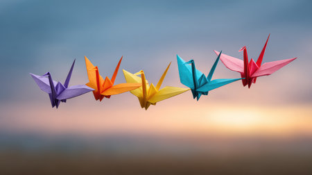 A serene display of colorful origami paper cranes gracefully floating in a soft sunrise background, symbolizing hope and creativity in artistic endeavors.の素材