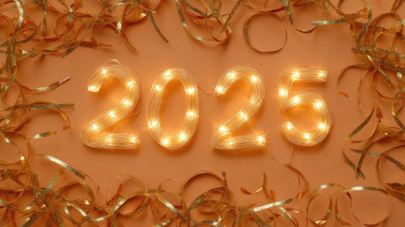 Vibrant arrangement featuring glowing lights forming the number 2025, surrounded by shimmering streamers. Perfect for celebrating New Year events and festive gatherings.の素材