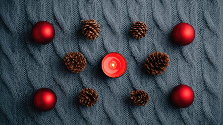 A serene arrangement featuring red ornaments and pinecones surrounding a glowing candle on a knitted blue background, ideal for holiday ambiance and cozy decorations.の素材