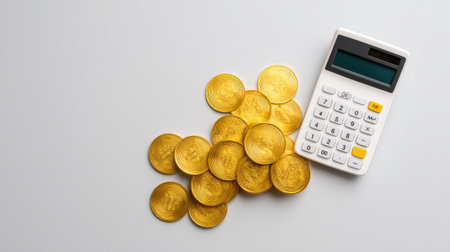 Close-up view of a calculator beside a pile of gold coins, representing finance and investment themes essential for effective money management and planning in business contexts.の素材