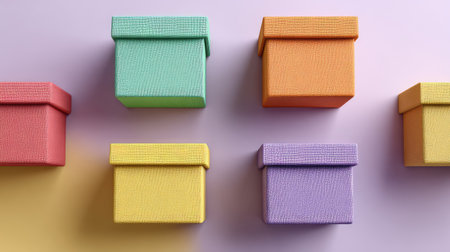 Brightly colored gift boxes with textured surfaces are stylishly arranged against a soft pastel background, ideal for themes of celebration, creativity, and festive gifting.の素材