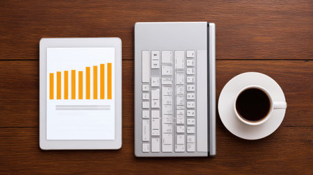 A sleek modern workspace featuring a tablet displaying a growth chart, a laptop, and a cup of coffee, emphasizing productivity and professional focus in an inviting office setting.の素材