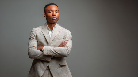 A confident young man stands in a stylish suit, arms crossed, radiating professionalism and sophistication against a simple gray backdrop, perfect for showcasing modern elegance.の素材
