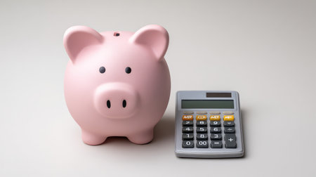 A pink piggy bank and a calculator are displayed on a light background, representing concepts of savings, budgeting, and personal financial management in everyday life.の素材