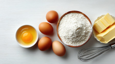A beautiful arrangement of fresh eggs, flour, and butter on a white wooden surface, perfect for illustrating home baking and culinary creativity in the kitchen.の素材