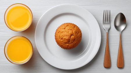 A beautifully arranged breakfast scene featuring a freshly baked muffin, refreshing orange juice, and stylish cutlery on a light wooden table, inviting a delightful morning experience.の素材