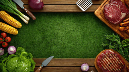 A vibrant display of fresh ingredients, including vegetables and meats, arranged on a wooden table, perfect for a summer barbecue or cooking session.の素材