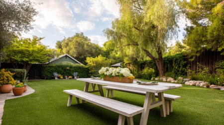 A tranquil outdoor garden scene featuring a rustic picnic table adorned with flowers, surrounded by lush greenery and vibrant plants on a sunny day. Perfect for relaxation.の素材