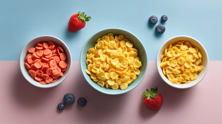 Bright and colorful bowls of cereal on a soft pastel background, accompanied by fresh strawberries and blueberries, ideal for showcasing healthy breakfast options.の素材