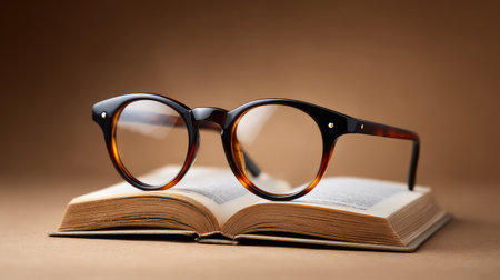 An appealing composition of stylish round glasses placed on an open book, symbolizing the joy of reading and the pursuit of knowledge against a warm, inviting background.の素材