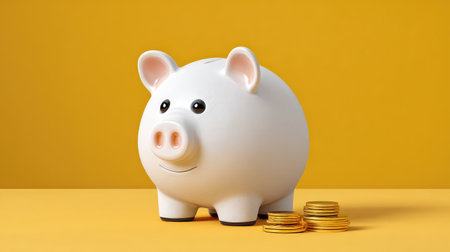 A cheerful piggy bank on a vibrant yellow background, embodying the joy of saving and financial planning, ideal for educational content on money management.の素材