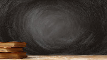 Stacked books sit on a wooden table in front of a smooth empty chalkboard, providing a versatile background for educational content, designs, or creative projects.の素材