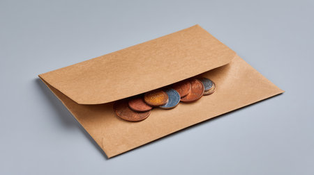 A simple brown envelope allows a glimpse of assorted coins, symbolizing savings and financial management. Ideal for projects related to budgeting and money.の素材