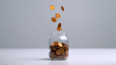 A striking visual capturing the moment copper coins cascade into a glass jar, symbolizing financial growth and the importance of savings in a modern economy.の素材