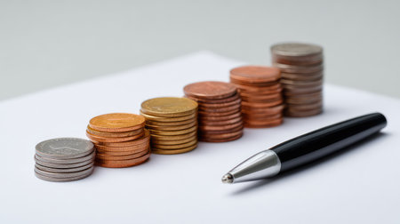 Stacks of coins on a white surface illustrate financial growth and investment concepts. A pen adds a professional touch, suggesting financial planning and strategy in personal finance.の素材